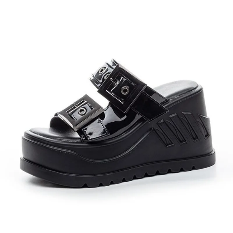 

Новые женские летние уличные пляжные тапочки без шнуровки на танкетке 10 см, туфли без шнуровки на высоком каблуке с пряжкой, женские сандалии на плоской подошве 2023 г.