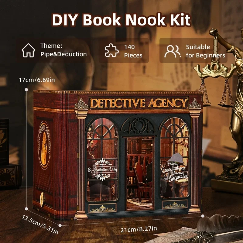 

OUZEY DIY 3D Wooden Puzzle Book Nook Detective Agency Dollhouse Model Bookshelf Insert Bookend Home Decoration Building Kit Gift