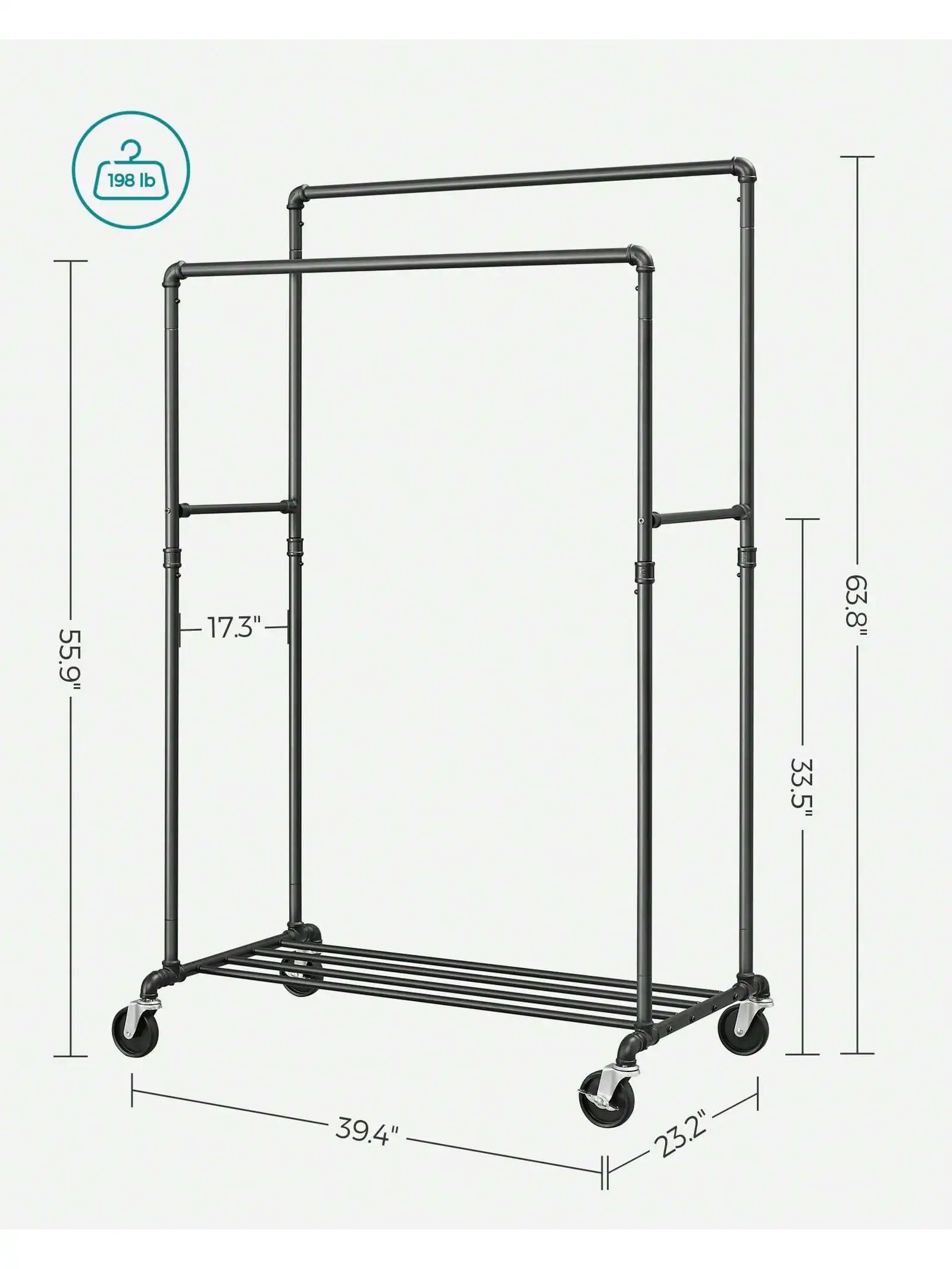 SONGMICS-estante de ropa de alta resistencia, 39,4 pulgadas, con estante de almacenamiento, doble varilla, con ruedas, marco de Metal