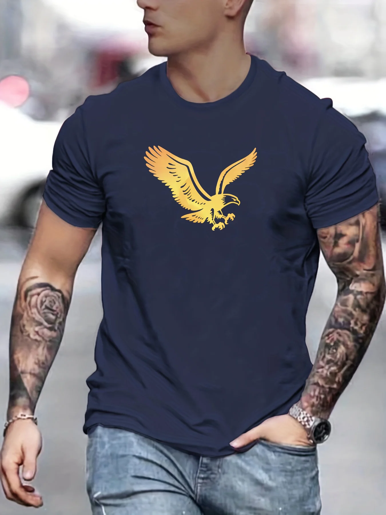 Summer Men's 100% Cotton Casual Loose Size Trendy Eagle Pattern Print Round Neck Short Sleeve T-shirt Top