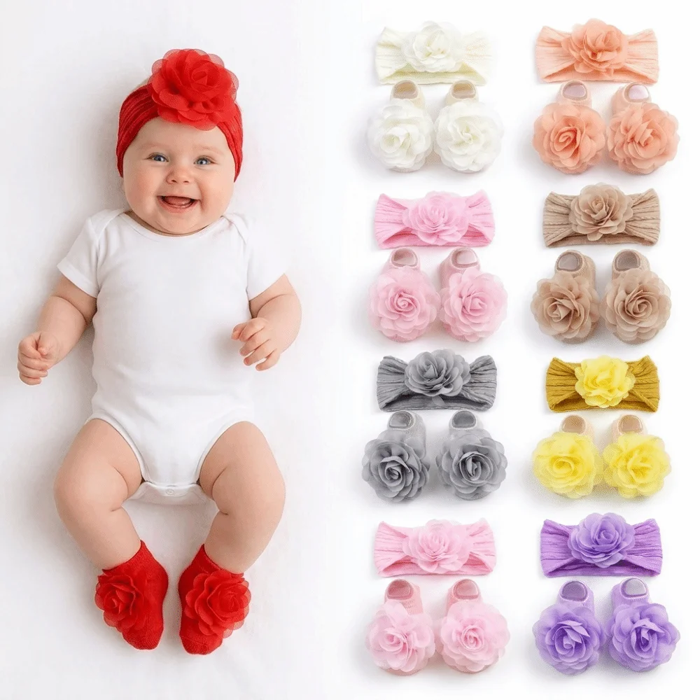 Big Flower Headband Socks Set Soft Cotton Elastic Infant Turban Hat Socks Set Breathable Lightweight Hat Sock Set