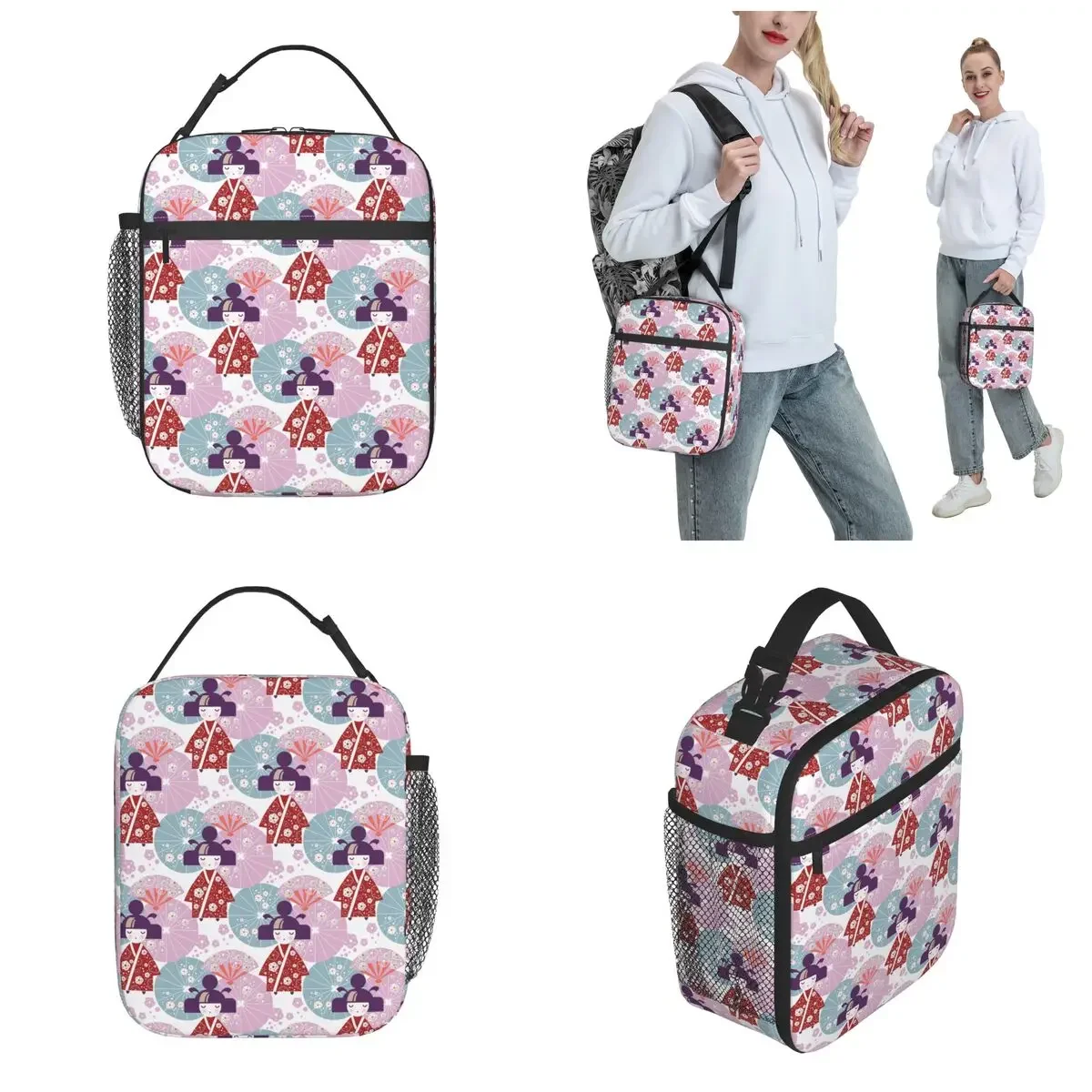 Japanese Girl Kokeshi Doll Insulated Lunch Bags Storage Food Box Portable Thermal Cooler Lunch Box Work