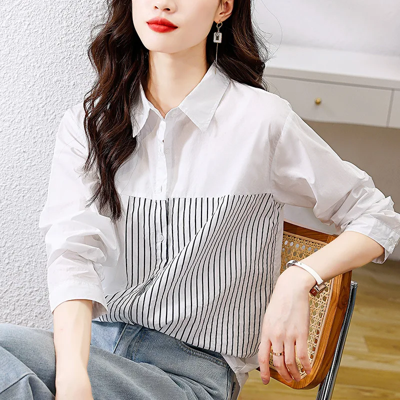 

Women's Long Sve Striped irt Pure Cotton Patchwork Upper Body Ele Autumn New Sle Commute Sle Loose Fit White irt