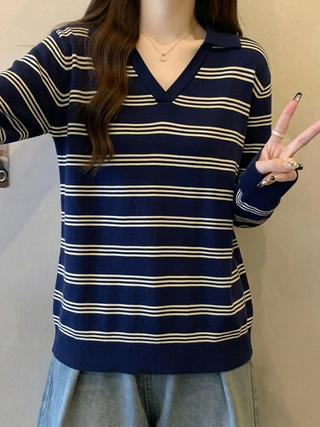 

Retro Korean V-neck Striped Long Sleeve Knitted Sweater Women's Summer Thin Large Size Loose Design Sun Protection Top