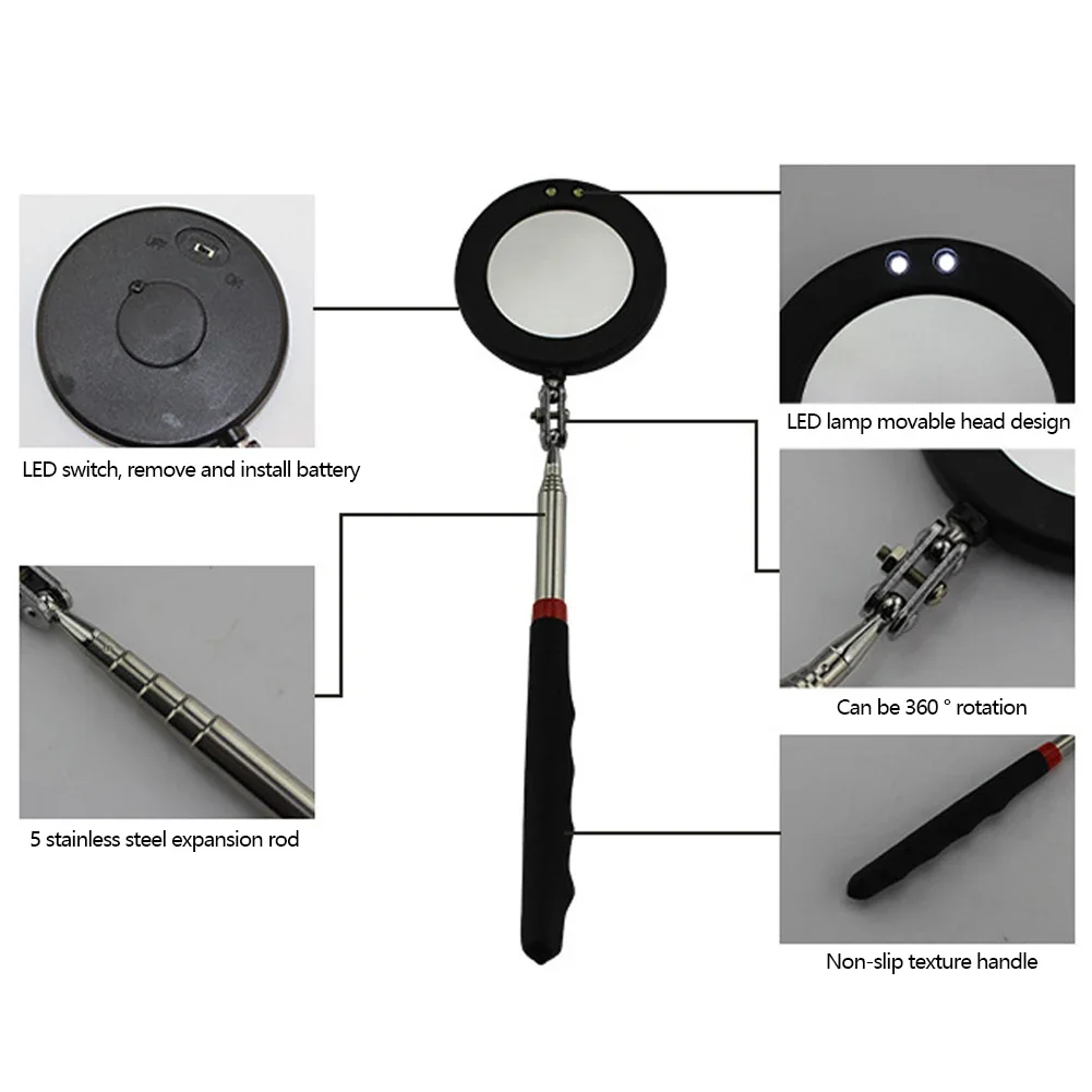 Folding Mirror Universal Endoscope Flaw Detection Tool with 2 LED Light Inspection Mirror 360 Degree Rotating Car Detection Tool