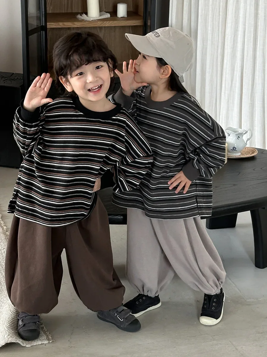 

2025 Girl Clothes Kids Cotton Striped Loose Long Sleeve Top 1-7Y Boys Casual Oversized Stripes T-Shirt Children Daily Wear Tee