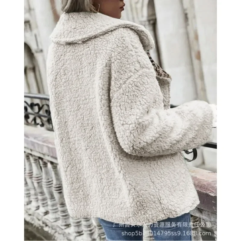 Women Warm Fleece Coat Jacket Autumn Winter Vintage Fashion Long Sleeve Lapel Collar Leopard Patchwork Plush Outwear