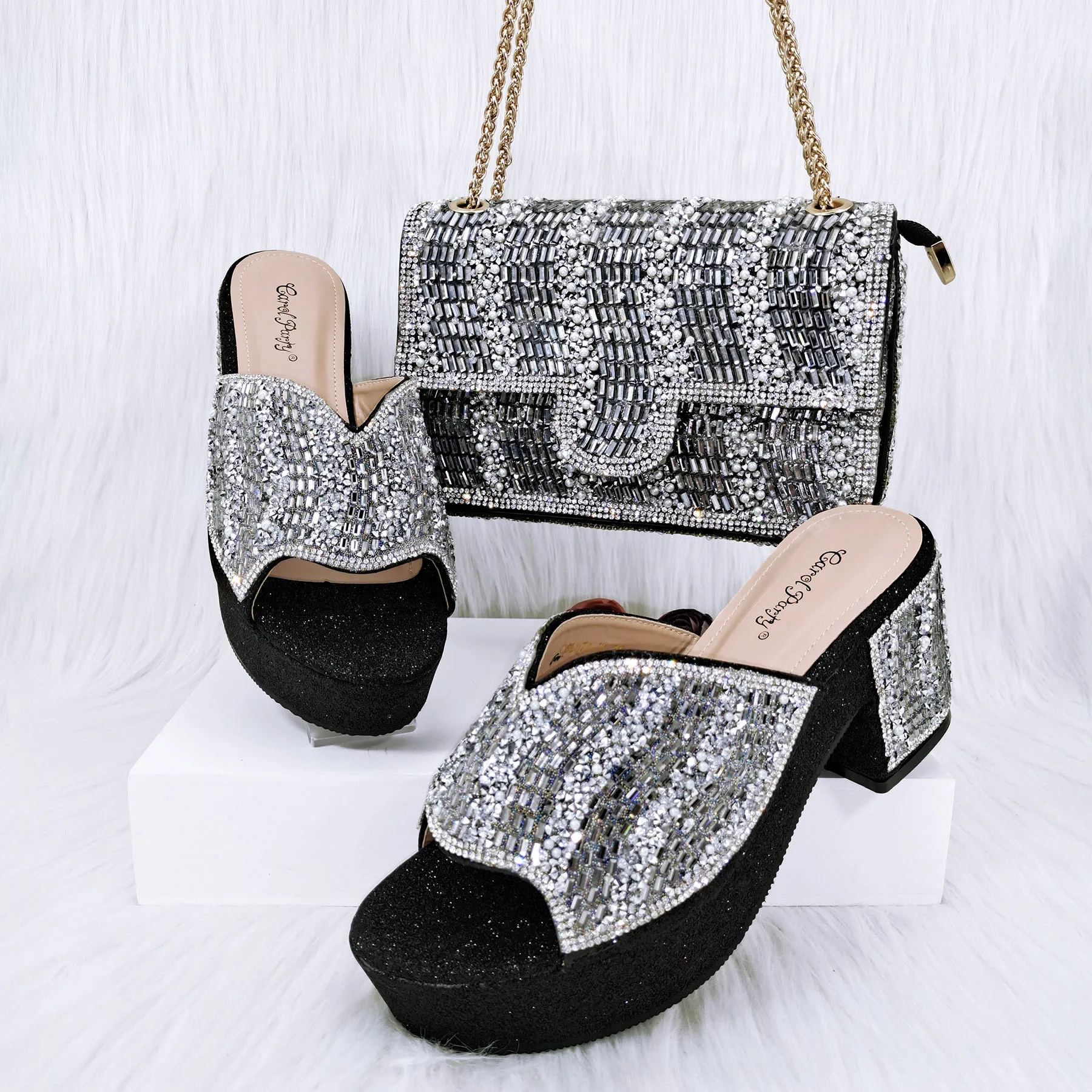 

Italian Design Black Grey Water Diamond Inlaid Square Root Fish Mouth Shoes Nigeria Sandals Elegant Women's High Heels Bag Set