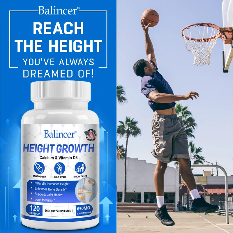 Height growth supplement contains calcium and vitamin D3 to help increase height, bone density, and joint health support