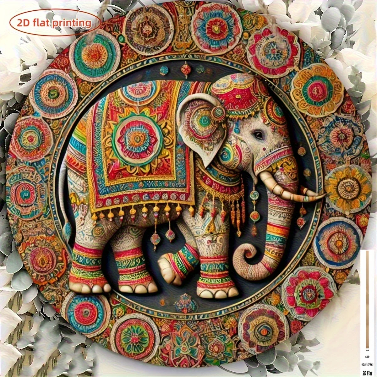 Vintage Round Metal Tin Sign, Colorful Ethnic Embossed Elephant Mandala Floral Pattern White Flower Background Wall Decor Plaque