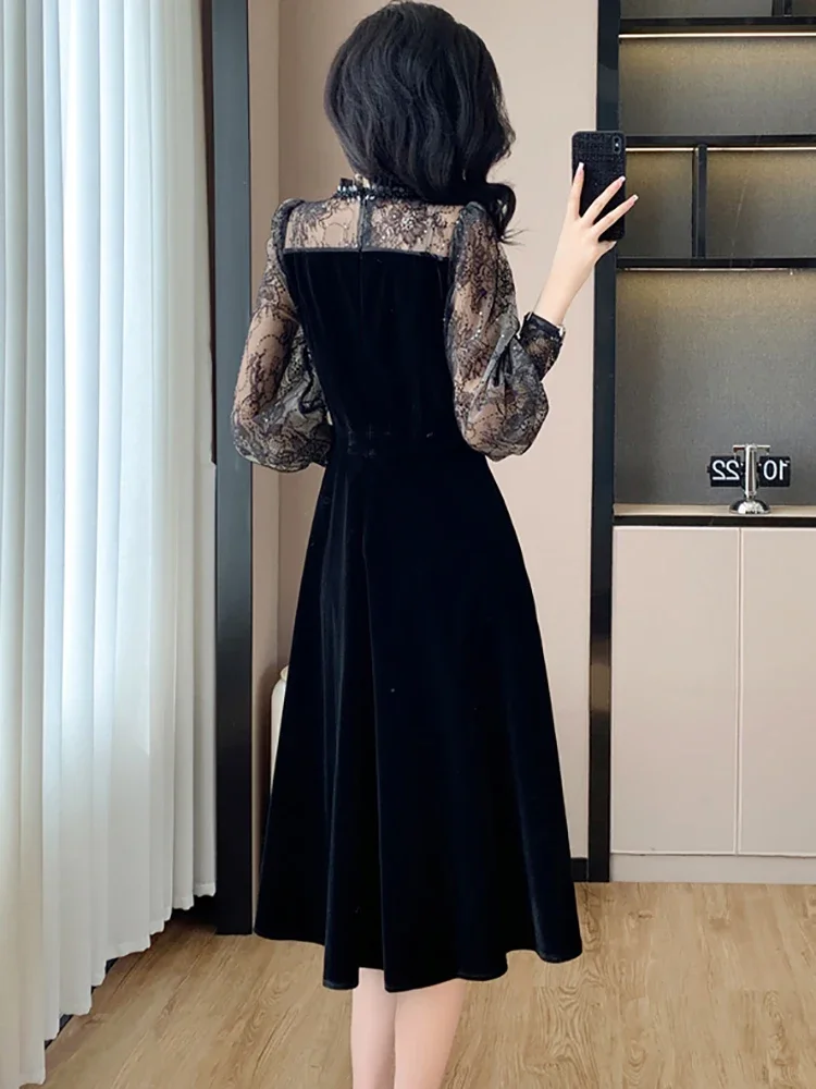 2024 Black Velvet Patchwork Lace Sheer Sexy Long Dress Women Elegant Ruffled Luxury Dress Autumn Winter Korean Vintage Vestidos