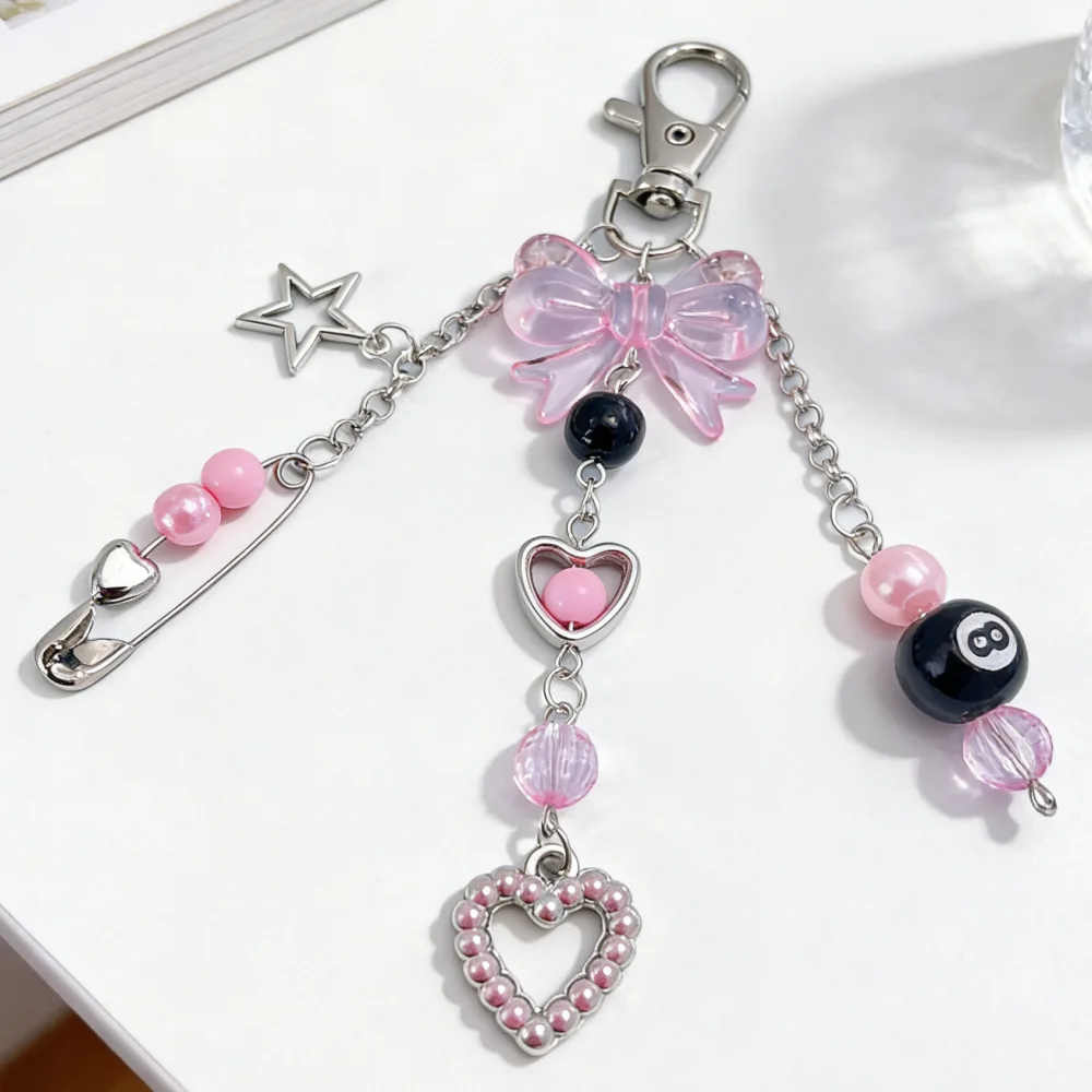 New Sweet and Spicy Y2K Phone Charm Bow Heart Star Keychain Metal Bracelet Beaded Keychain Black 8 Phone Chain Bag image 3