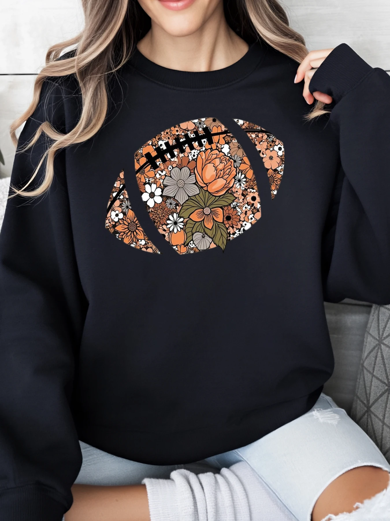 الأزهار كرة القدم طباعة هالوين البلوز المرأة عارضة الخريف الزي الأسود زائد الحجم