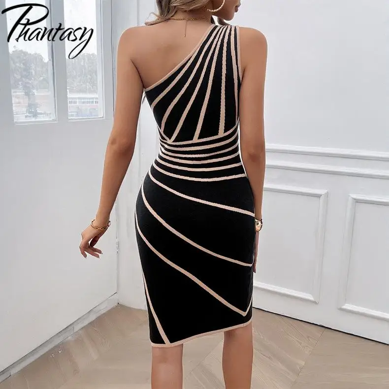 Phantasy Elegant Office Lady Dress Women Summer Evening Party Dress Slanted Collar Sleeveless Outfit Solid Stripe Stylish Dress