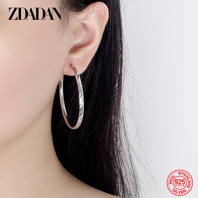 ZDADAN 925 Silver 30/40/50/60mm Round Circle Hoop Earrings For Women Fashion Jewelry