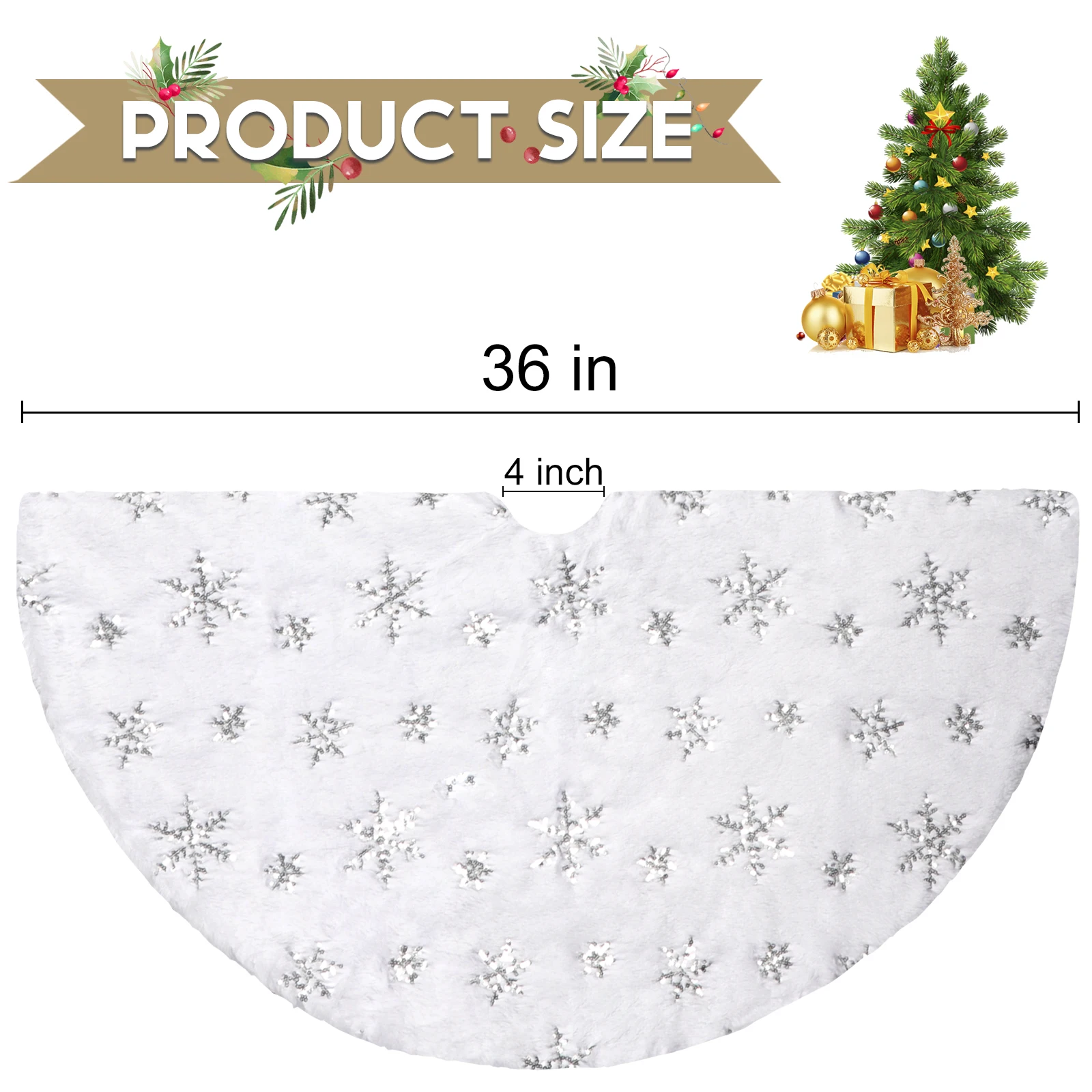 OurWarm Faux Fur Christmas Tree Skirt 36in Sliver Snowflake Tree Skirt Xmas Plush Tree Skirt for Xmas Near Year Party Decoration