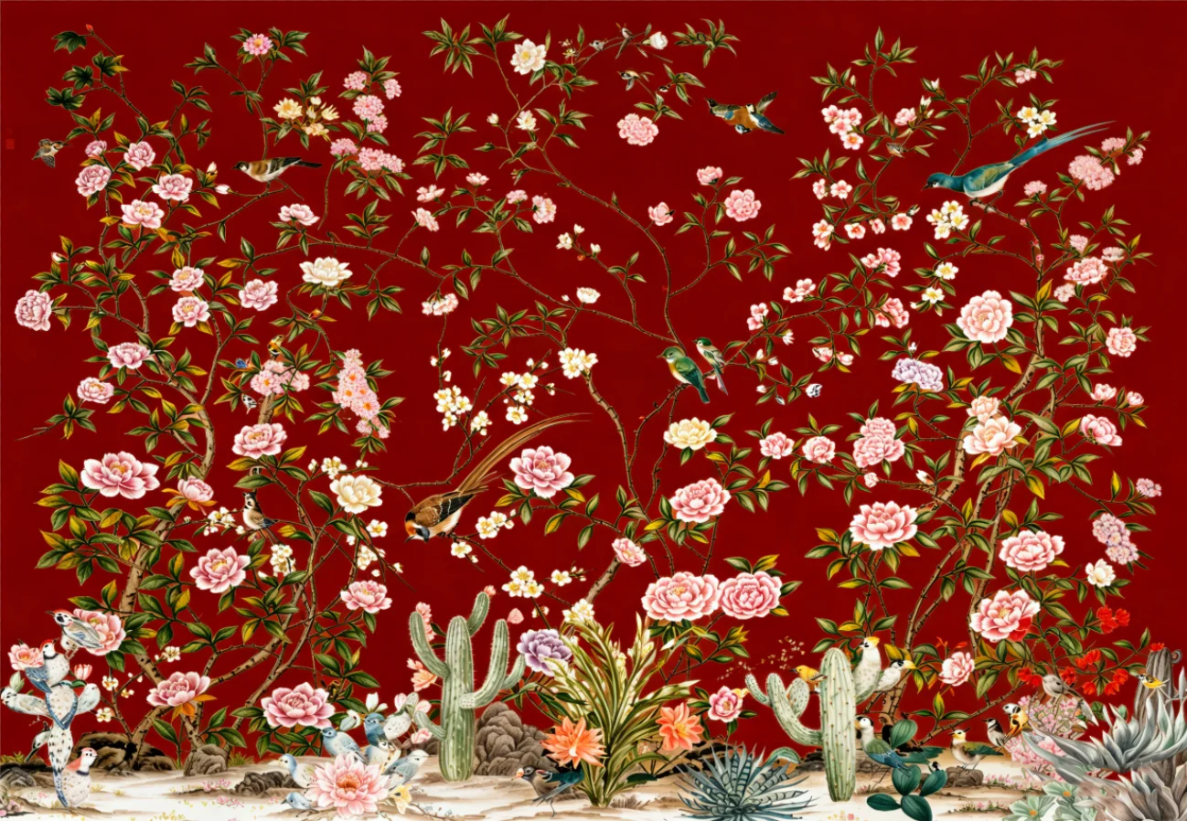 

Настенное панно на заказ с изображением китайских цветов, птиц, веток, красного фона, для гостиной, спальни, с цветами, листьями, обои.