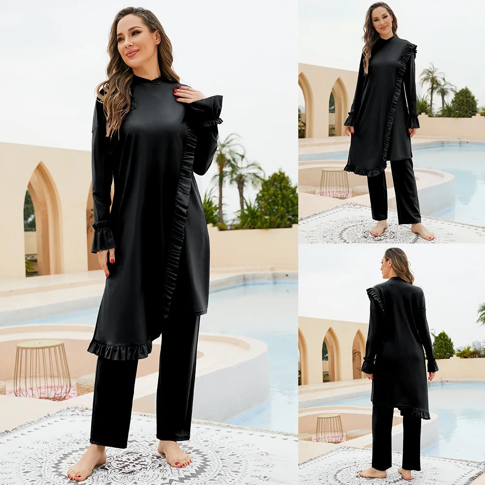 

Muslim Long Sleeve Swimming Modest Swimwear Women Swimsuit Full Cover Burkini Ruffles Bathing Suit Beachwear Set Islamic Costume