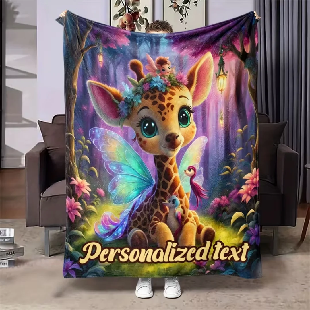 Custom Text Mysterious Fantasy Giraffe Elf Print Flannel Blanket, Warm Cozy All-Season Gift Throw Blanket