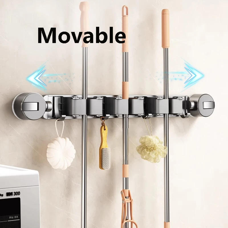 Suction Cup Mop and Broom Organizer 5 Racks and 4 Hooks Mop Broom Holder Wall Stand Gripper Wall Mount Sliding Storage Shelves