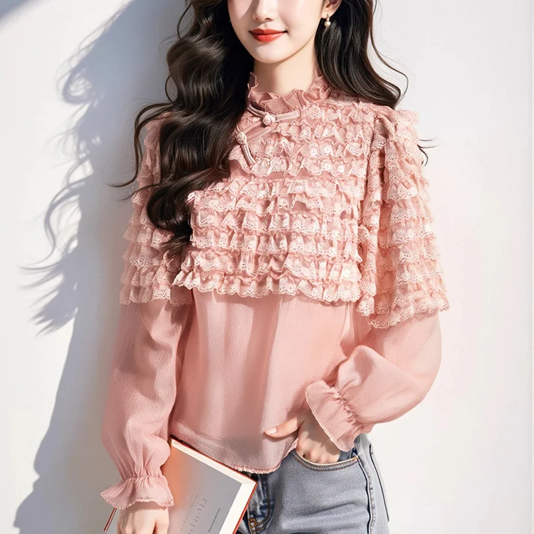 New Chinese pink buckle diagonal placket long-sleeved shirt small many layers of lace lace national style top temperament shirt