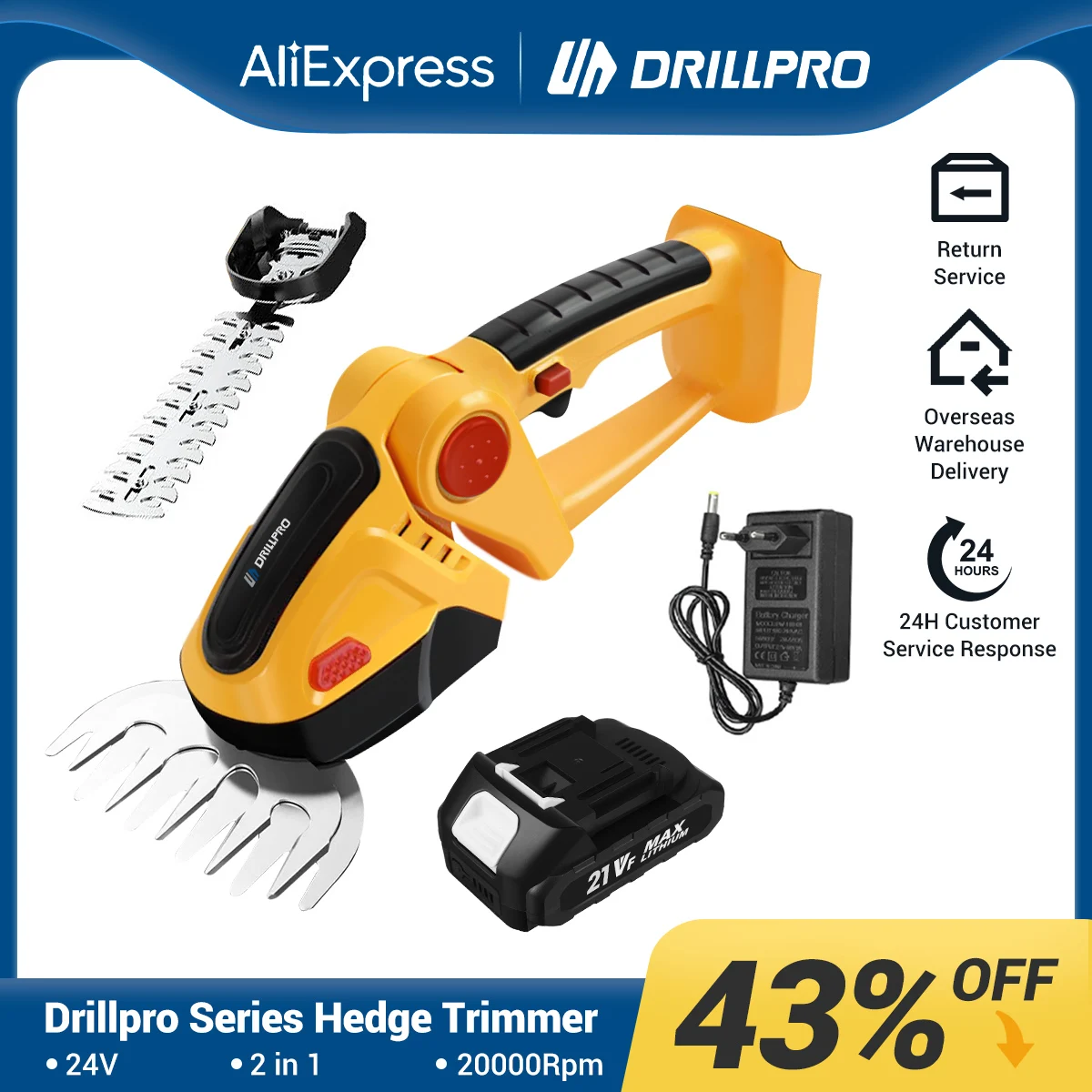 Drillpro 2 in 1 Electric Hedge Trimmer 20000RPM Lawn Mower Garden Landscaping Hedge Pruner Trimmer Tool For Battery