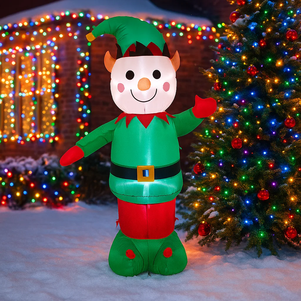 Decoración inflable de elfo de Navidad de 1,5 M/4,9 pies, luces LED, decoraciones para el hogar, juguetes, adornos navideños para patio, suministros de decoración navideña