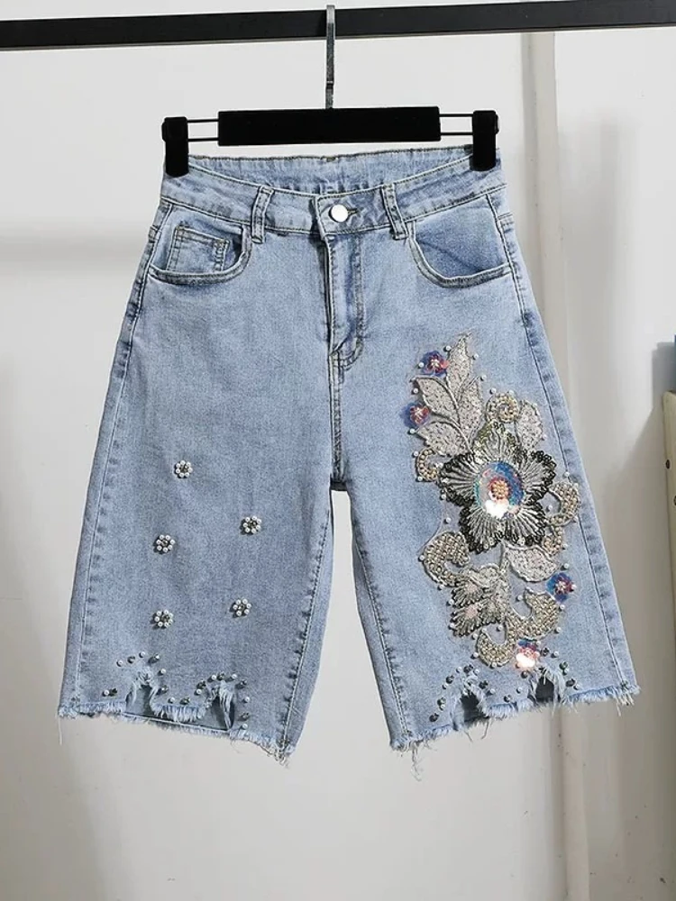 Denim Culottes Spring Autumn Light Color Heavy Embroidery Sequin Ripped Raw Hem High Waist Wide Leg Five Point For Women Pants