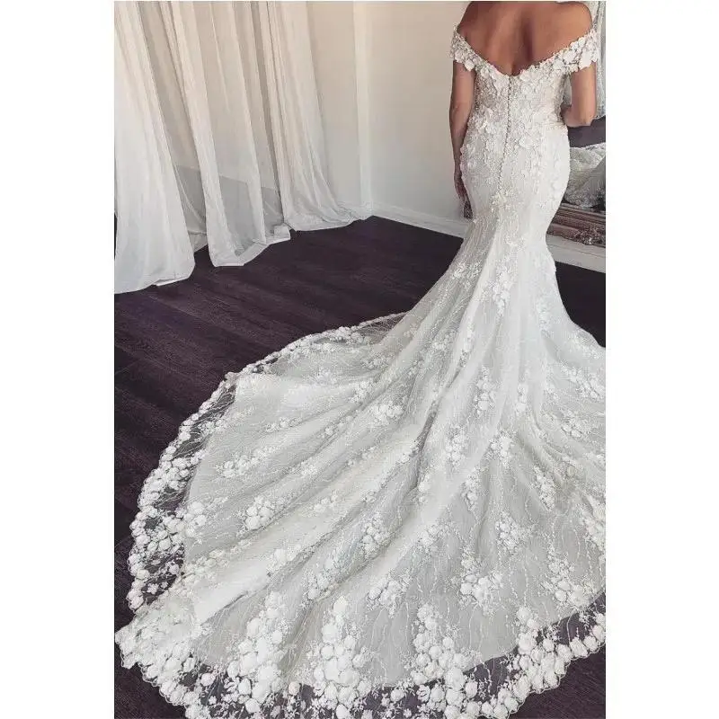 Customized Off the Shoulder Heavy 3D Lace Appliques Mermaid  Wedding Dress with Detachable Train Garden Backless  Bridal Gowns