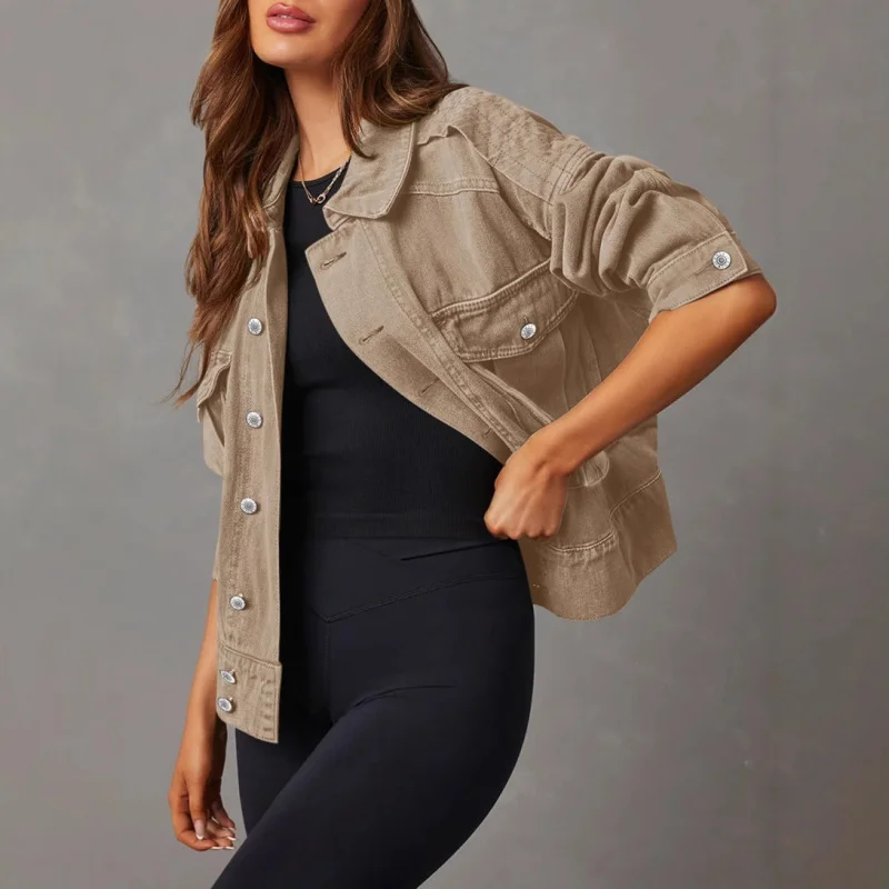 

2025European and American Autumn Winter Fashion Short Button Down Workwear Denim Jacket Long Sleeve Hoodless Denim Jacket for Wo