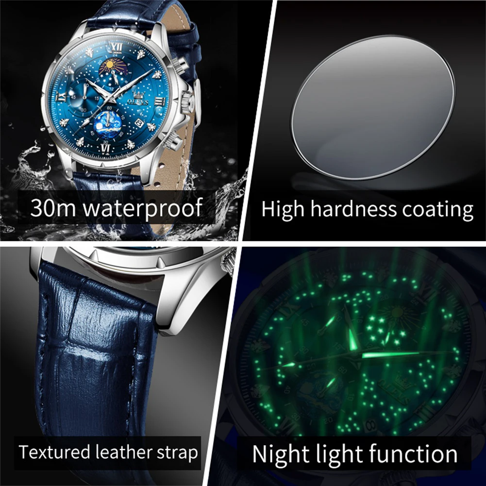 OLEVS Trend Men\'s Watches Moon Phase Luminous Starry Sky Dial Quartz Watch Waterproof Calendar Fashion Original Male Wristwatch