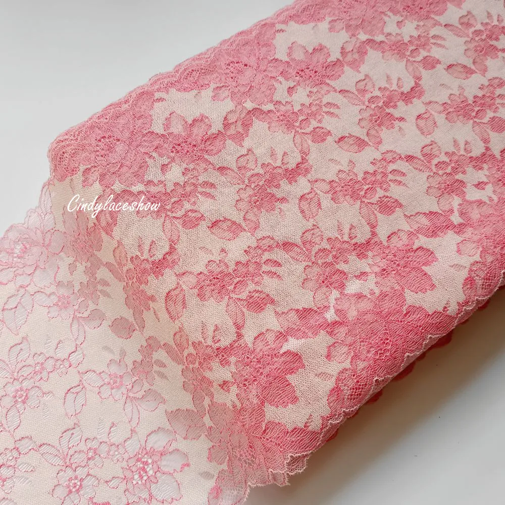 2Yards 23CM Width Pink Floral Embroidered Stretch Elastic Lace Trim For Bra Sewing Clothes Lingerie Dress Swimwear Trimmings DIY