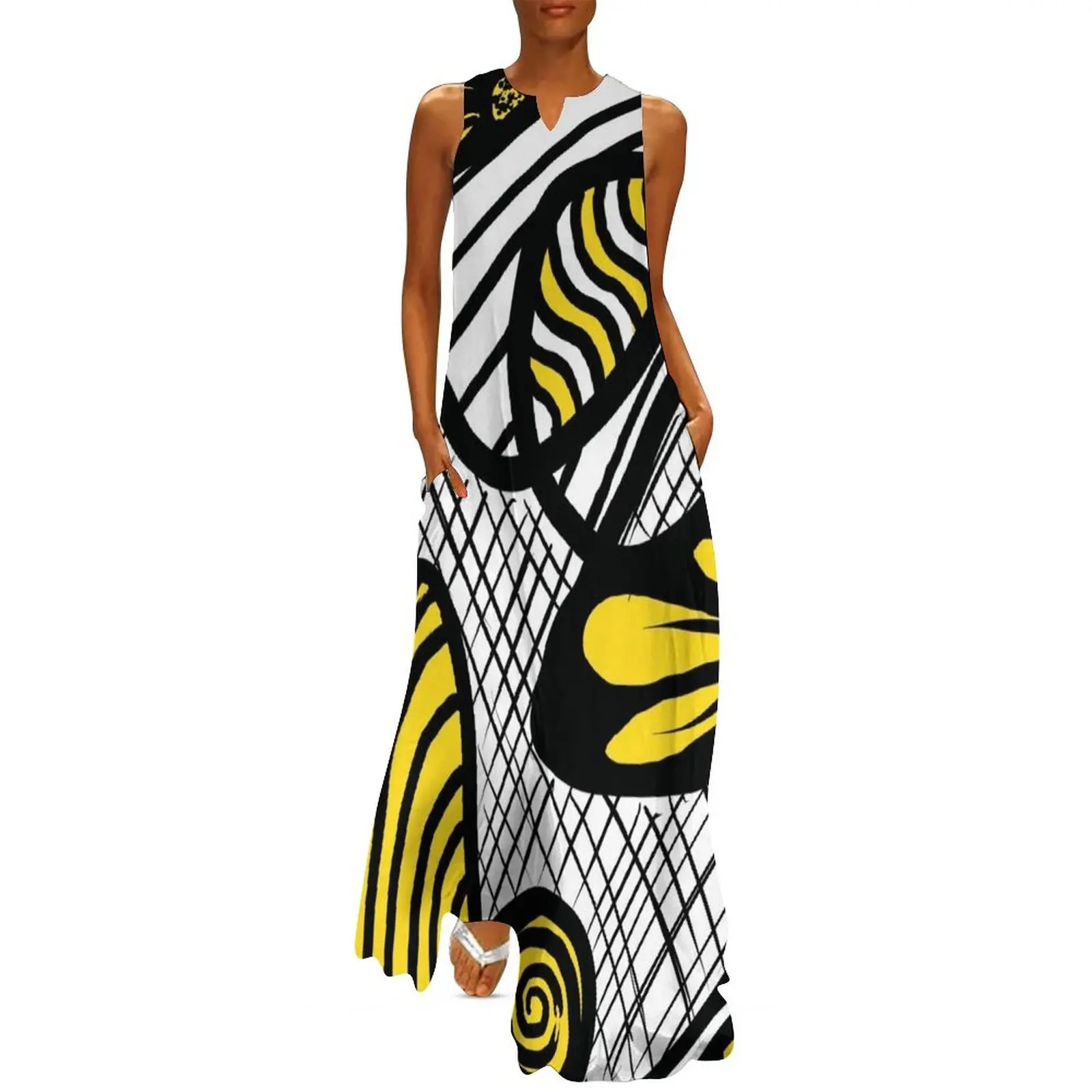 Patterns Within Patterns In Black And Yellow Ink Long Dress birthday dresses for women Woman clothes