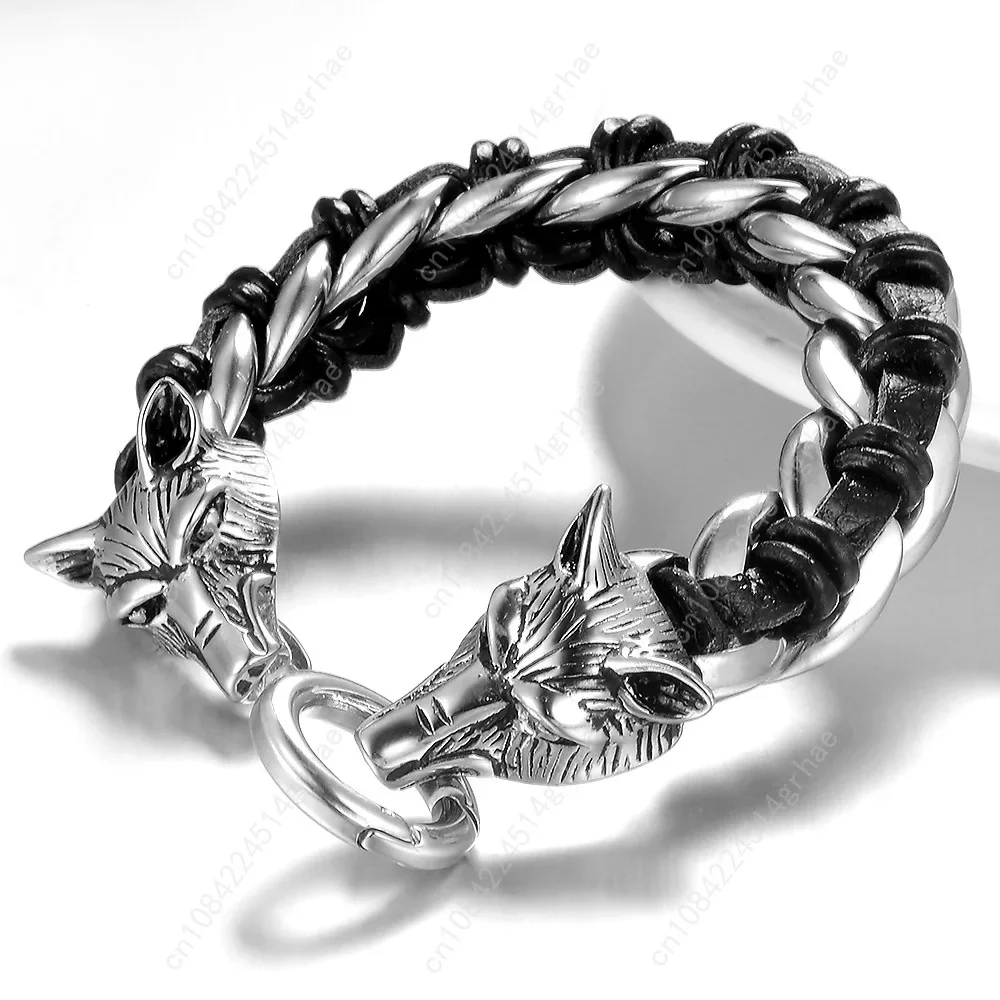 فاسق الصخرة الذهب والفضة اللون رجل مجوهرات 316L الفولاذ المقاوم للصدأ مع جلد طبيعي التفاف سوار الرجال كول مزدوجة الذئب رئيس الحيوان