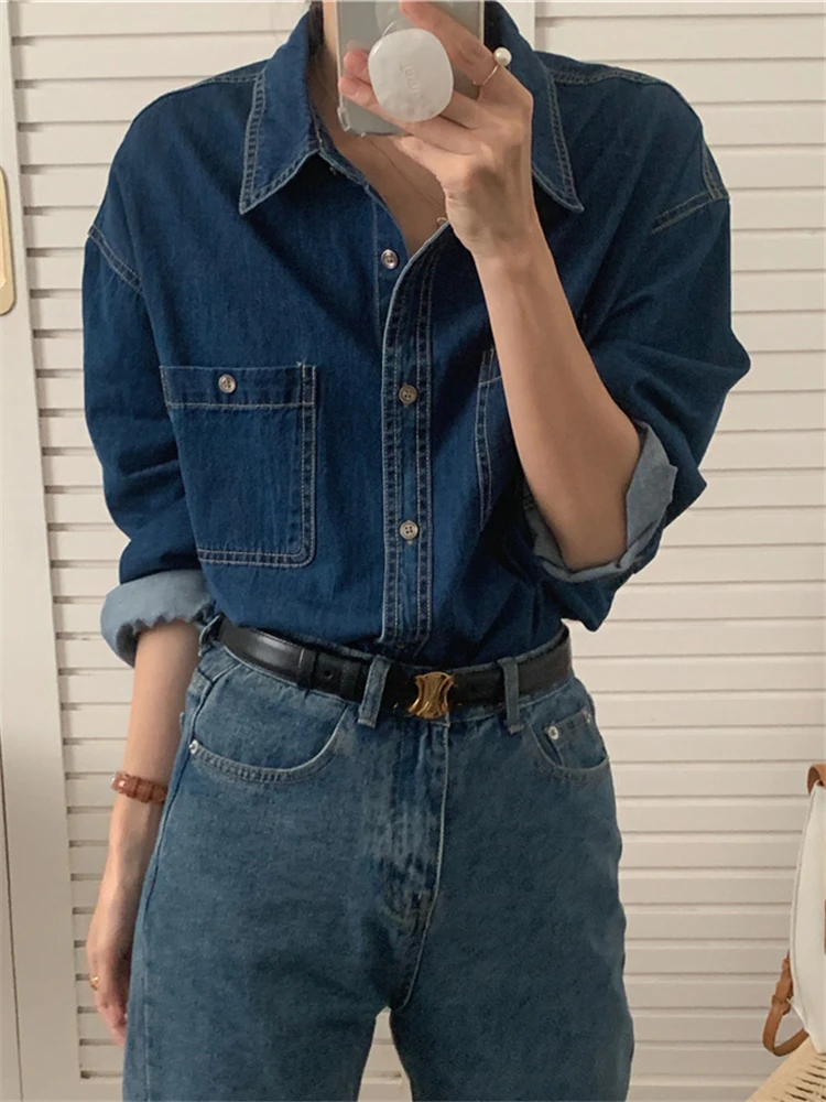 BL9805 New 2024 Korean Fashion Denim Office Lady Female Oversized Women Blouses Shirts Spring Summer Vintage Elegant Lady Tops