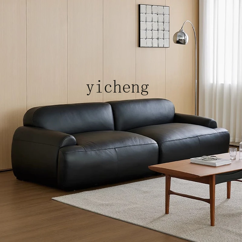 XL leather sofa first layer cowhide simple living room three people straight row black sofa