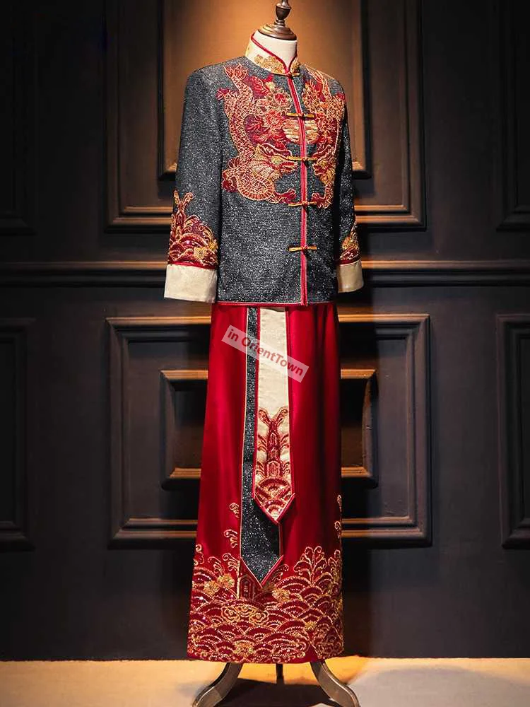 Red Black Long Sleeve Groom Toast Clothing Chinese Groom wedding Double Dragon Robe Men Jubilant Tang Suit Traditional Gown Boy