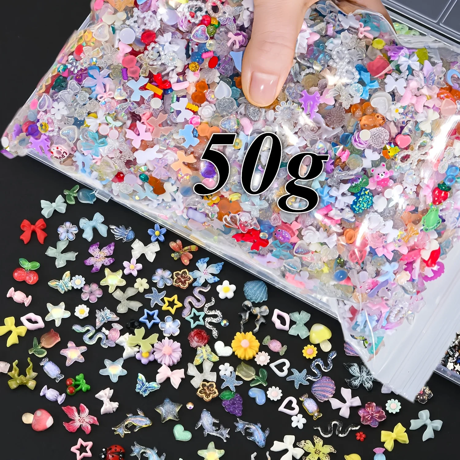 50g de breloques pour ongles en résine 3D mélangées, papillon, nœud, fleur, étoile, cœur, forme de bonbon, décorations pour ongles, accessoires de manucure DIY