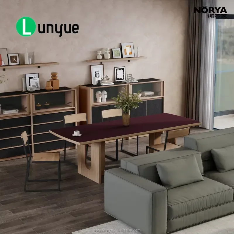 Modern Luxury Nano Surface Dining Table Scratch Resistant Red Top White Oak Base Rectangular For Hotel Entrance Durable