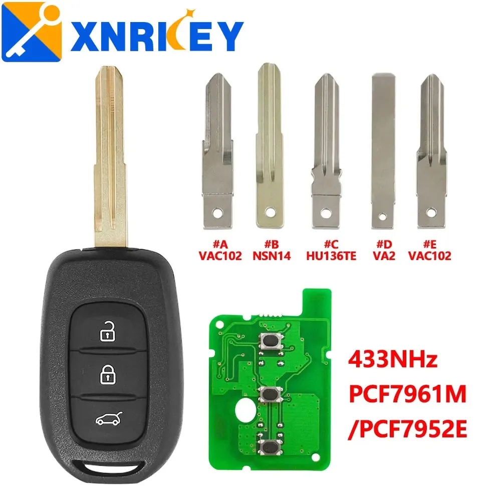 XNRKEY Car Key Remote 3Button Sarmt Car Key 433MHz 4A PCF7961M for Renault Symbol Logan Sandero Dacia Lodgy Dokker Duster VAC102