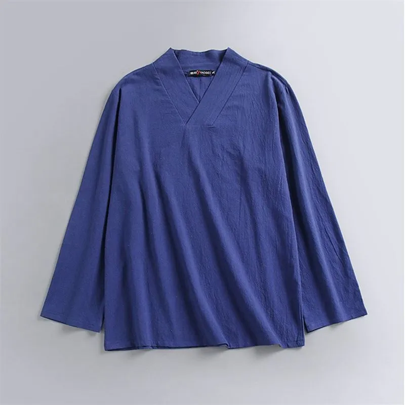

New Chinese Sle Spring Cotton Linen Long Sve T-irt Men V Ne Large Size Hanfu Sle Retro Buddhist Meditation Loose Top