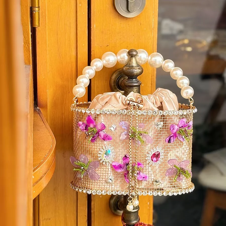 2026 French Vintage Quality Metal-Embellished Floral Pearl Basket Bag Evening Bag Bucket Clutch Crossbody Bag Polyester Lock