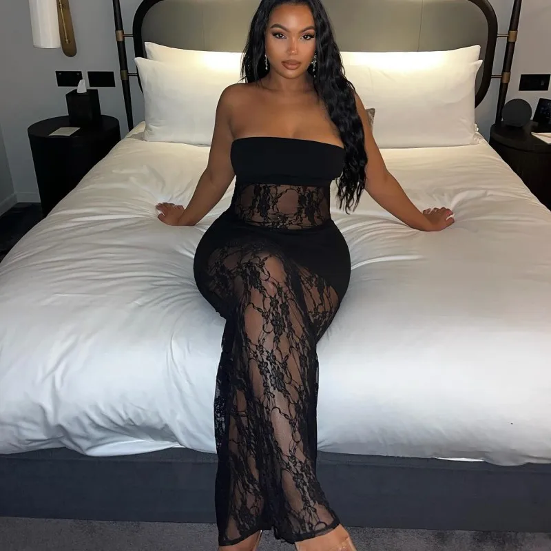 

2024 Summer Sexy Lace Patchwork See Through Elegant Strapless Dress Women Slash Neck Backless Sleeveless Spicy Girls Club Robe