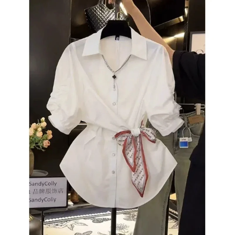 Temperament Lacing Patchwork Shirt Tops Women Clothing New Summer Short Sleeve Loose Button Solid Vintage Blouse Casual Fashion