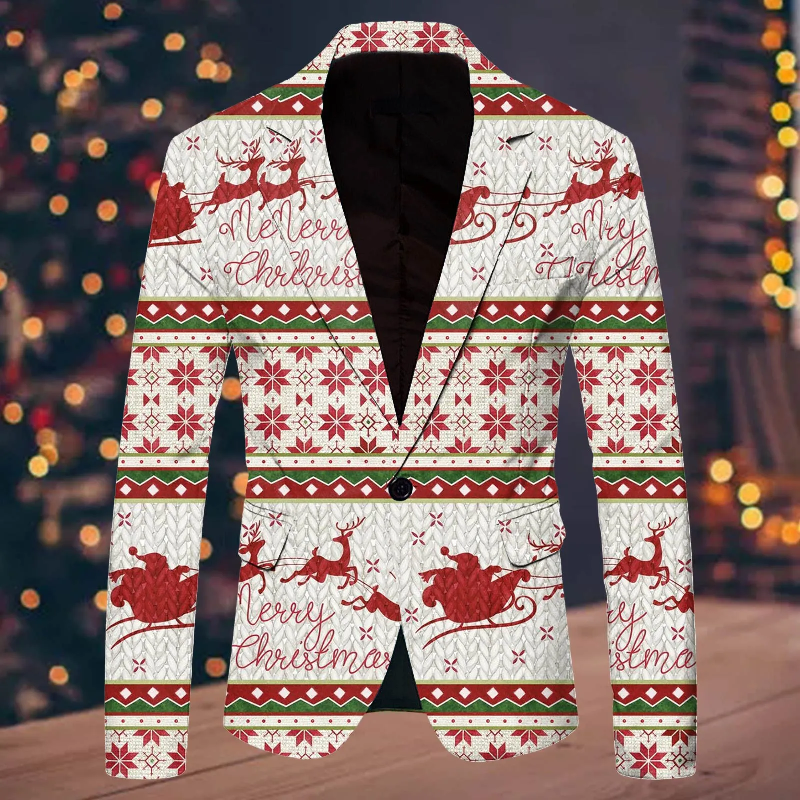 Christmas Suit Jacket Mens Red Blazer Fashion Leisure Xmas Suit Jacket Printed Pocket Suit Coat Luxury Long Sleeve Blazers