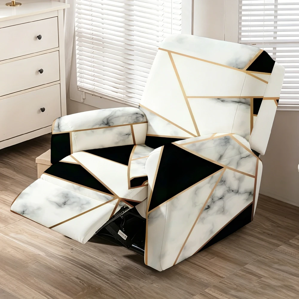 White Black Marble Golden Triangle Geometric Print Stretch Recliner Chair Cover, Washable Full Wrap Lazy Sofa Slipcover
