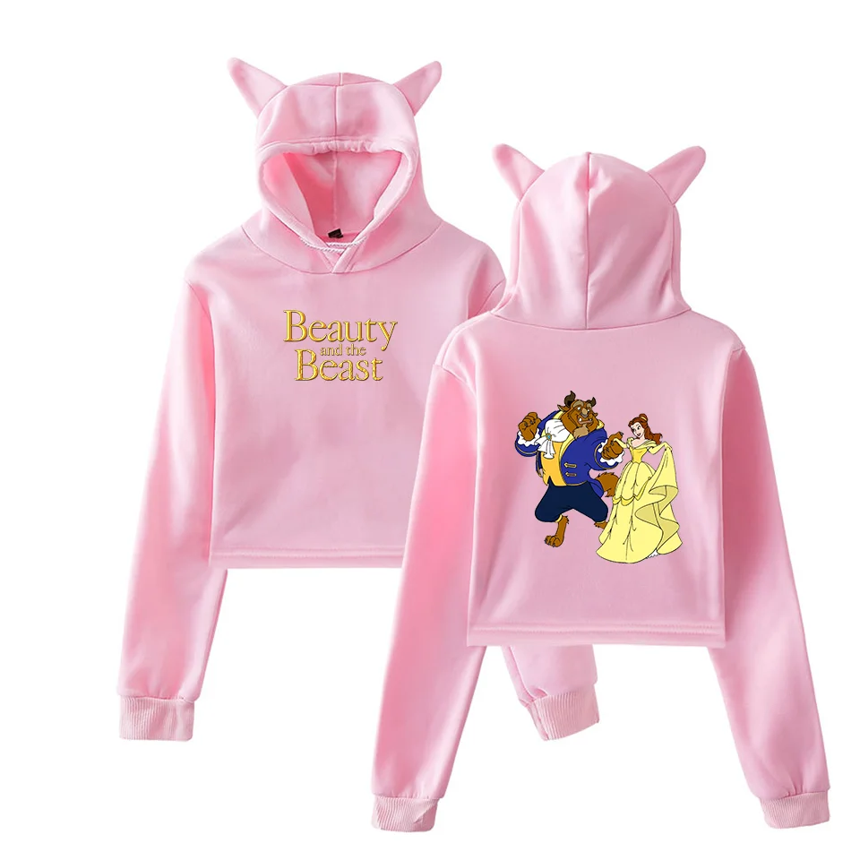 Disney Beauty and the Beast Hoodie Fashion Tops Pullovers Teenager Girls Casual Coat Women Cat Ear Short Crop Hoodies