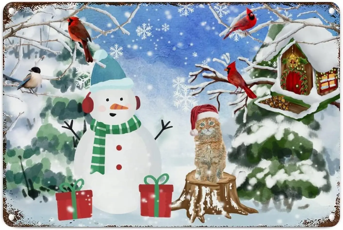 Metal Sign Merry Christmas Winter Snowing World Wall Decor Metal Sign Snowman Red Bird Cat Sign Welcome Xmas Winter Retro V