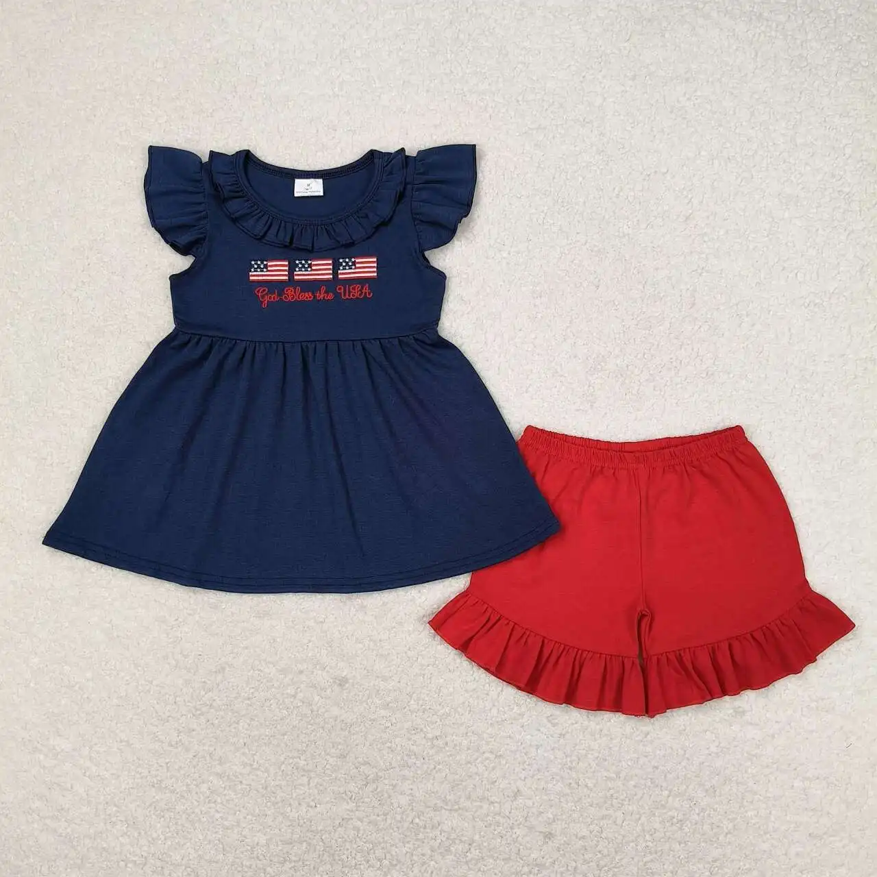 Wholesale Baby Girl Boy July 4th Summer Set Children Toddler Embroidery Flag Short Sleeves Kids Infant Shorts Two Pieces Outfit