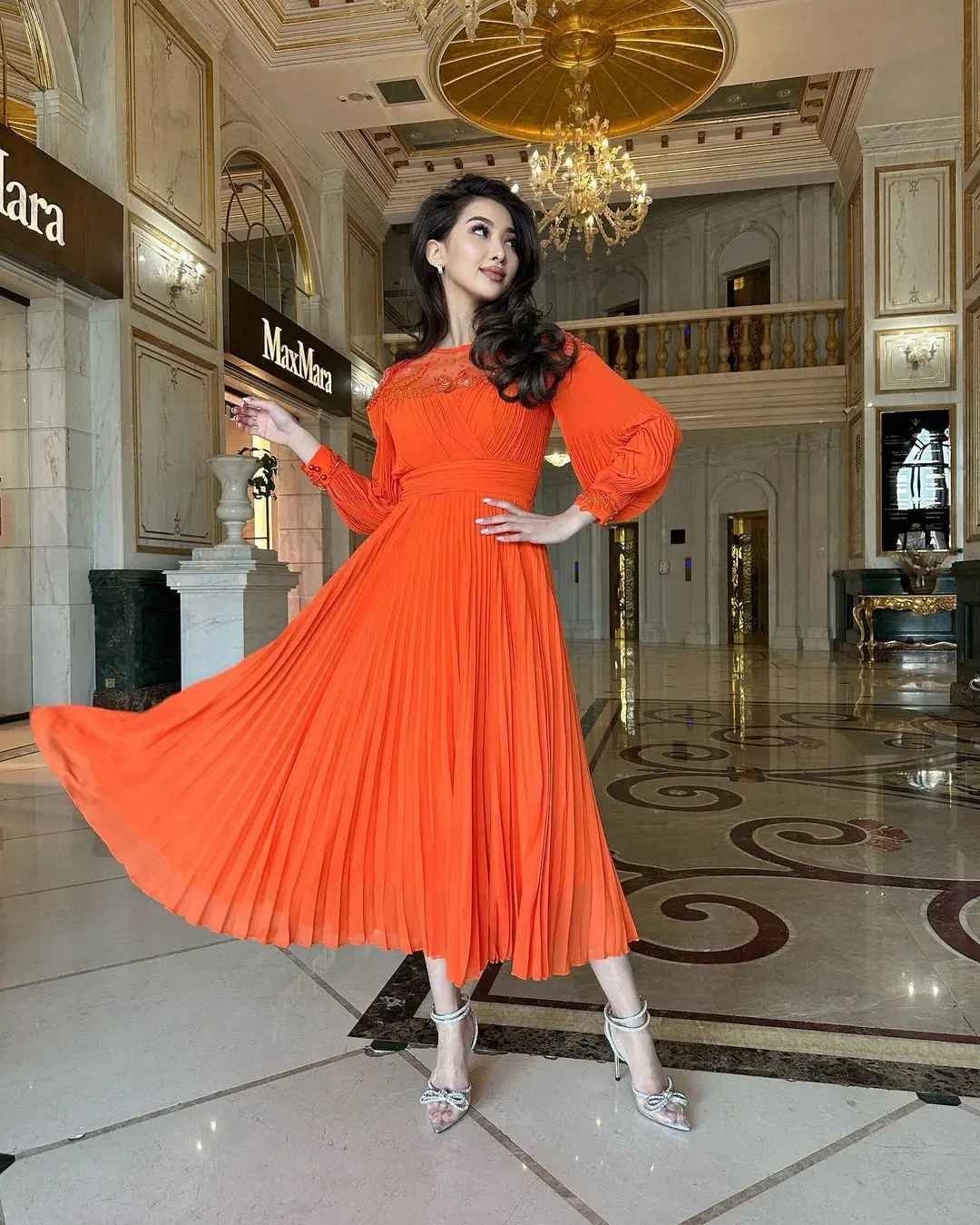 FDY Store Orange Chiffon Long Sleeves Prom Dresses فساتين مناسبة رسمية Dubai Women Evening Gowns Wedding Party Dress